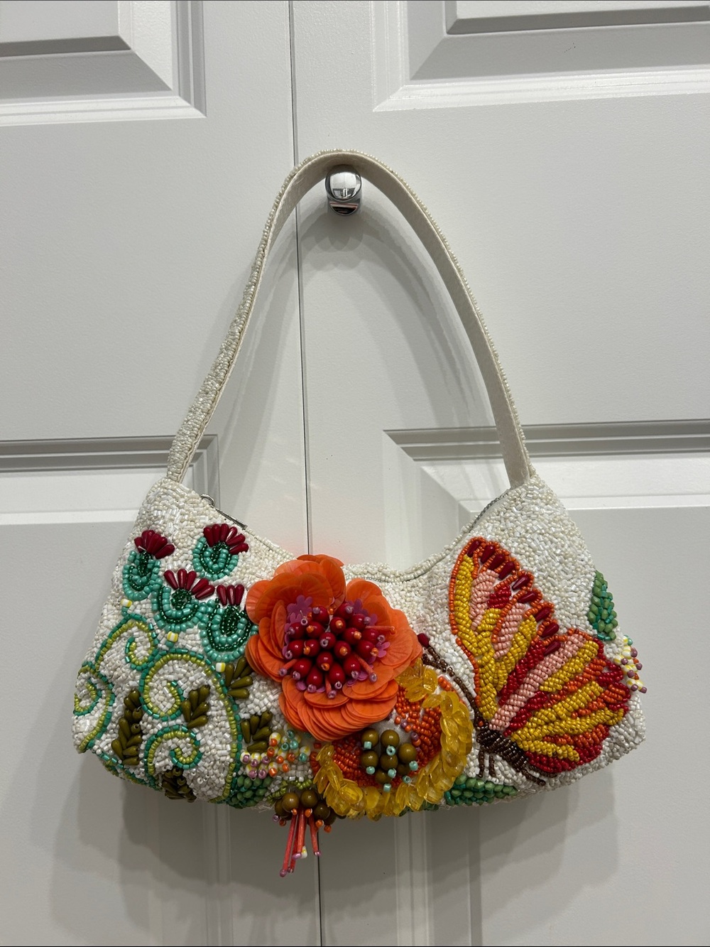Beaded Floral and Butterfly Embellished Shoulder Bag in Ivory and Orange